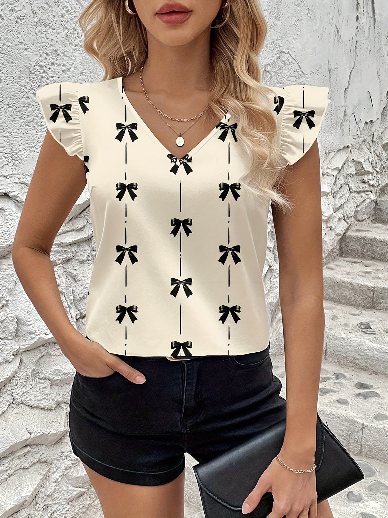 Graceful Women's Bow Print Flutter Sleeve Blouse Short-Sleeve Top