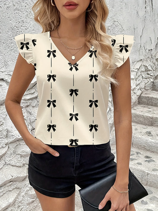 Graceful Women's Bow Print Flutter Sleeve Blouse Short-Sleeve Top