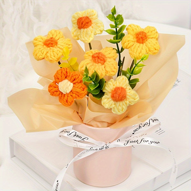 Handmade Knitted Daisy Bouquet - Realistic Yellow, white, pink, blue, red, or Floral Arrangement - with Pastel Pink, Beige, or Red Ribbon Bucket - No Maintenance Fake Flowers for Home, Office, Wedding, Birthday - Perfect Gift