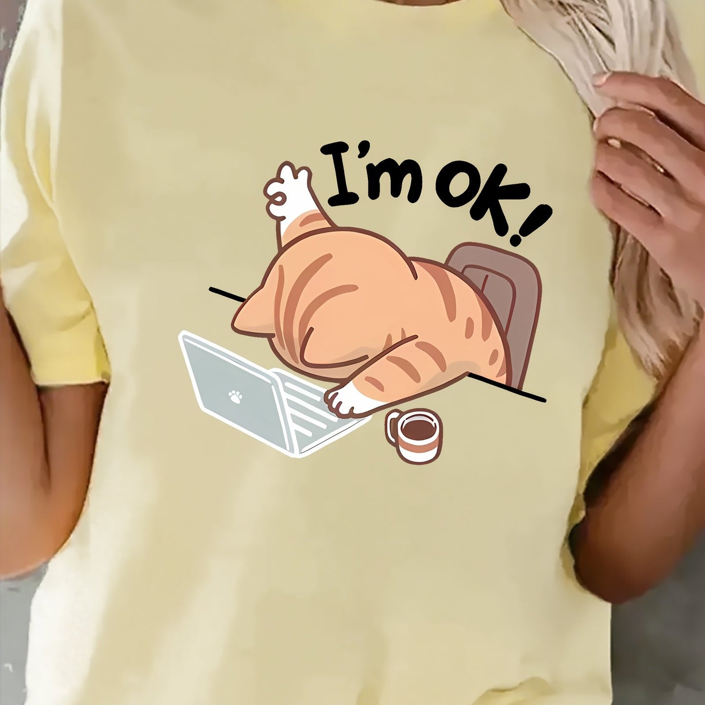 Women'S Casual Crew Neck Short Sleeve T-Shirt - "I'm Ok!" Cat Design, Soft & Comfortable Fabric, Perfect for Spring & Summer Outfits, Casual Wear | Playful Graphic Tee | Comfortable Fit