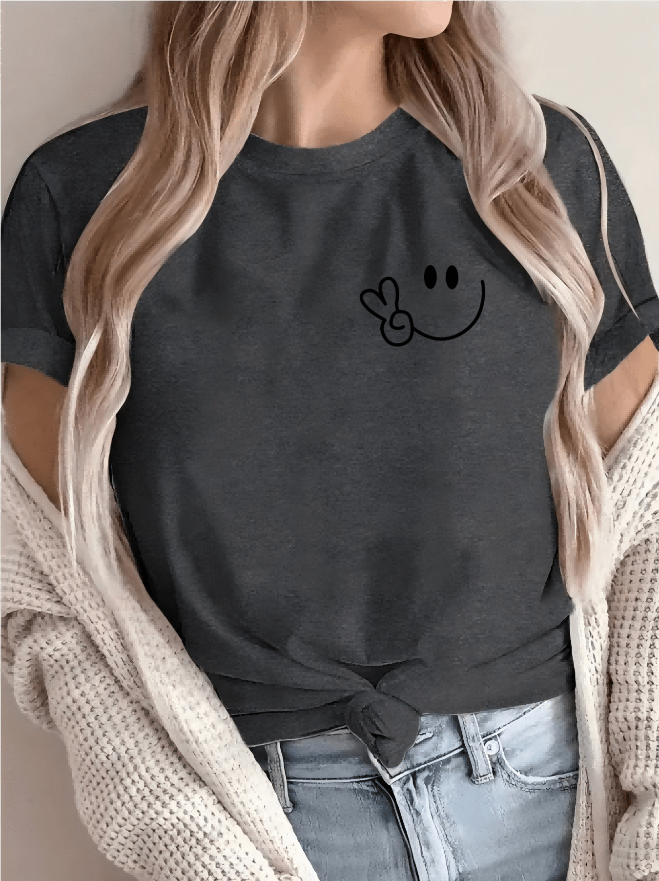Women'S Casual Crew Neck T-Shirt with Smile Face Graphic, Short Sleeve, Regular Length, Letter Print Design, Soft Fabric, Perfect for Spring and Fall