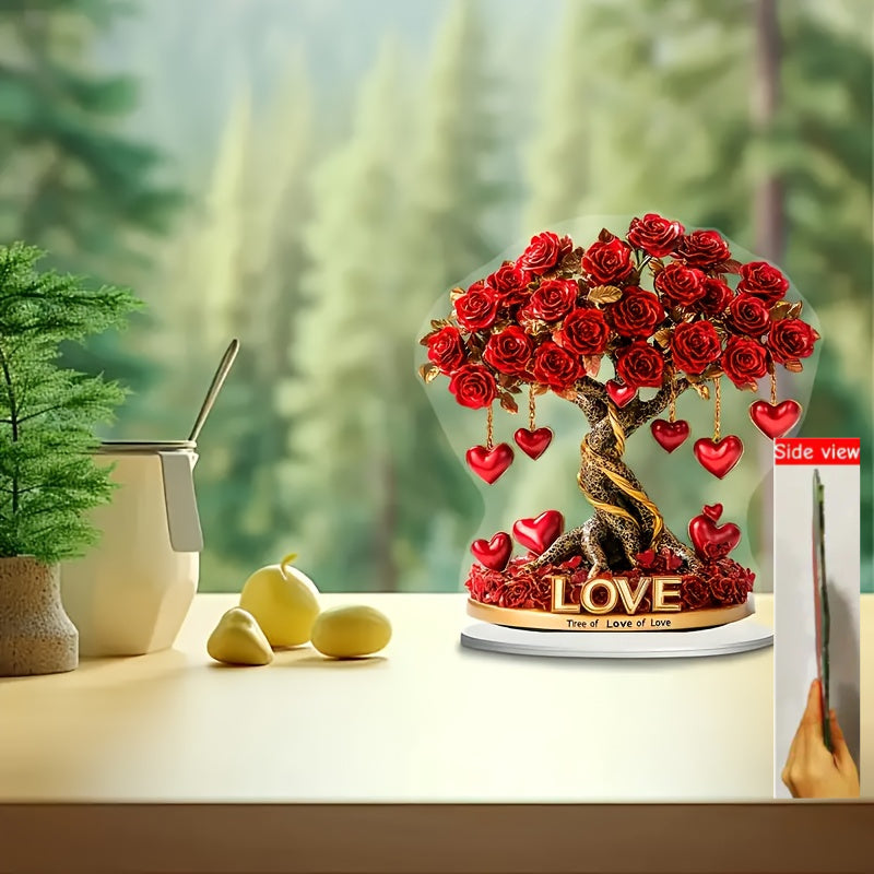 2D Flat, 1pc Bohemian Acrylic 2D Crystal Heart Rose Tree Decoration with Golden Base & Red Roses - "Tree of Love" English Inscription, No Batteries Needed, 2D Flat, Christmas Decor
