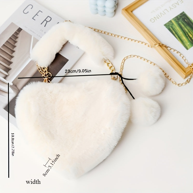 1pc Cozy Heart-Shaped Faux Fur Crossbody Bag, Polyester Plush Love Purse with Chain Shoulder Strap, Soft Pink/White/Black Fashion Handbag, Ideal for Christmas & Valentine'S Day Gifts