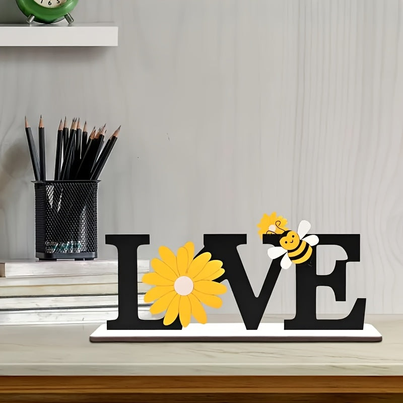 1pc Rustic Wooden Love Sign with Bee & Sunflower Design - Charming Country Farmhouse Decor for Office Desk, Bedroom, Tray, or Shelf - Easy Install, No Power Needed - Perfect Summer Gift, Bee Decor