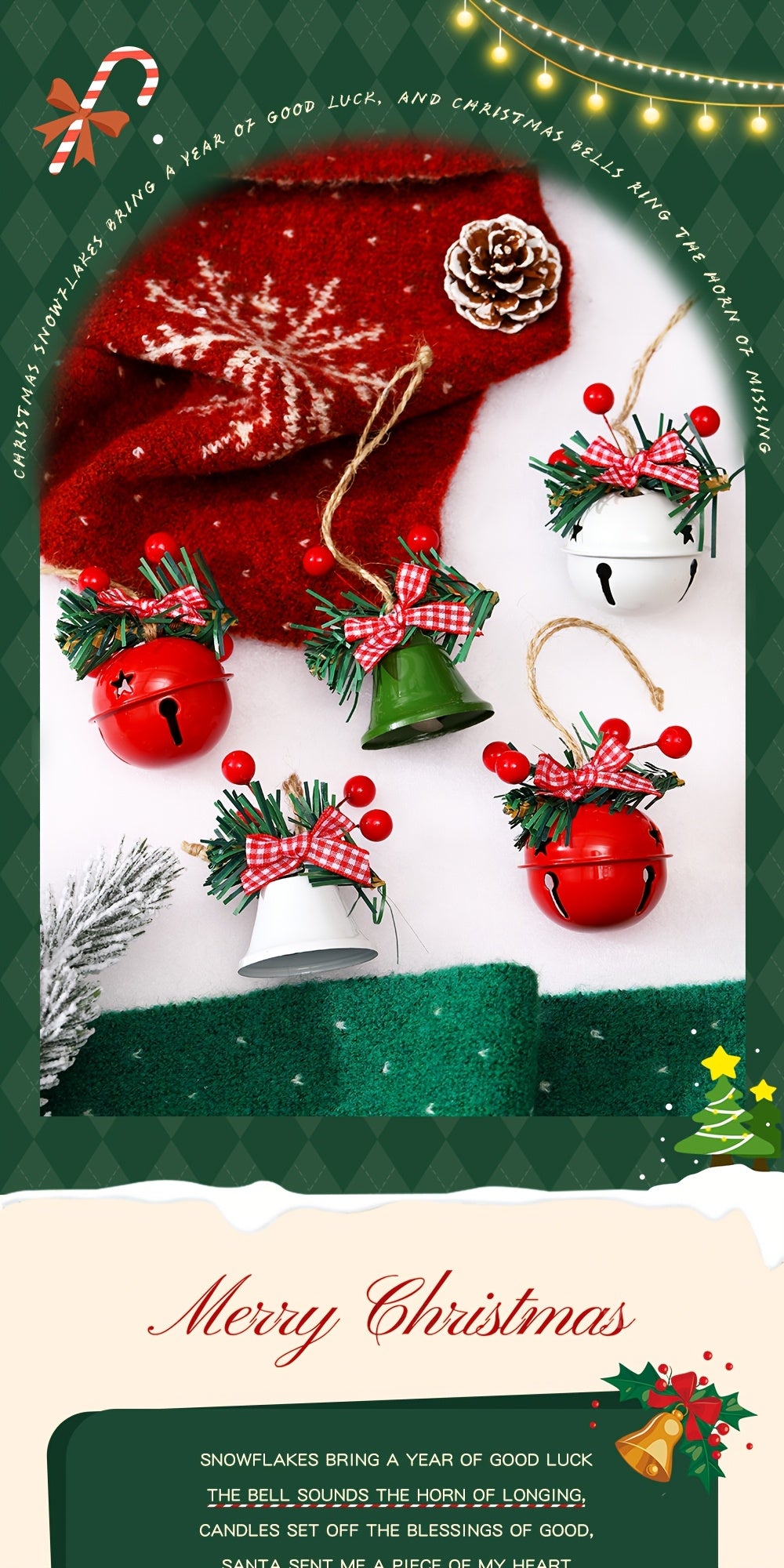 1 Set Christmas Jingle Bell Ornaments, Metal Hanging Decorations with Red Berries and Plaid Bows, Holiday Tree and Wreath Accents, No Electricity Required, Festive Wall and Door Decor