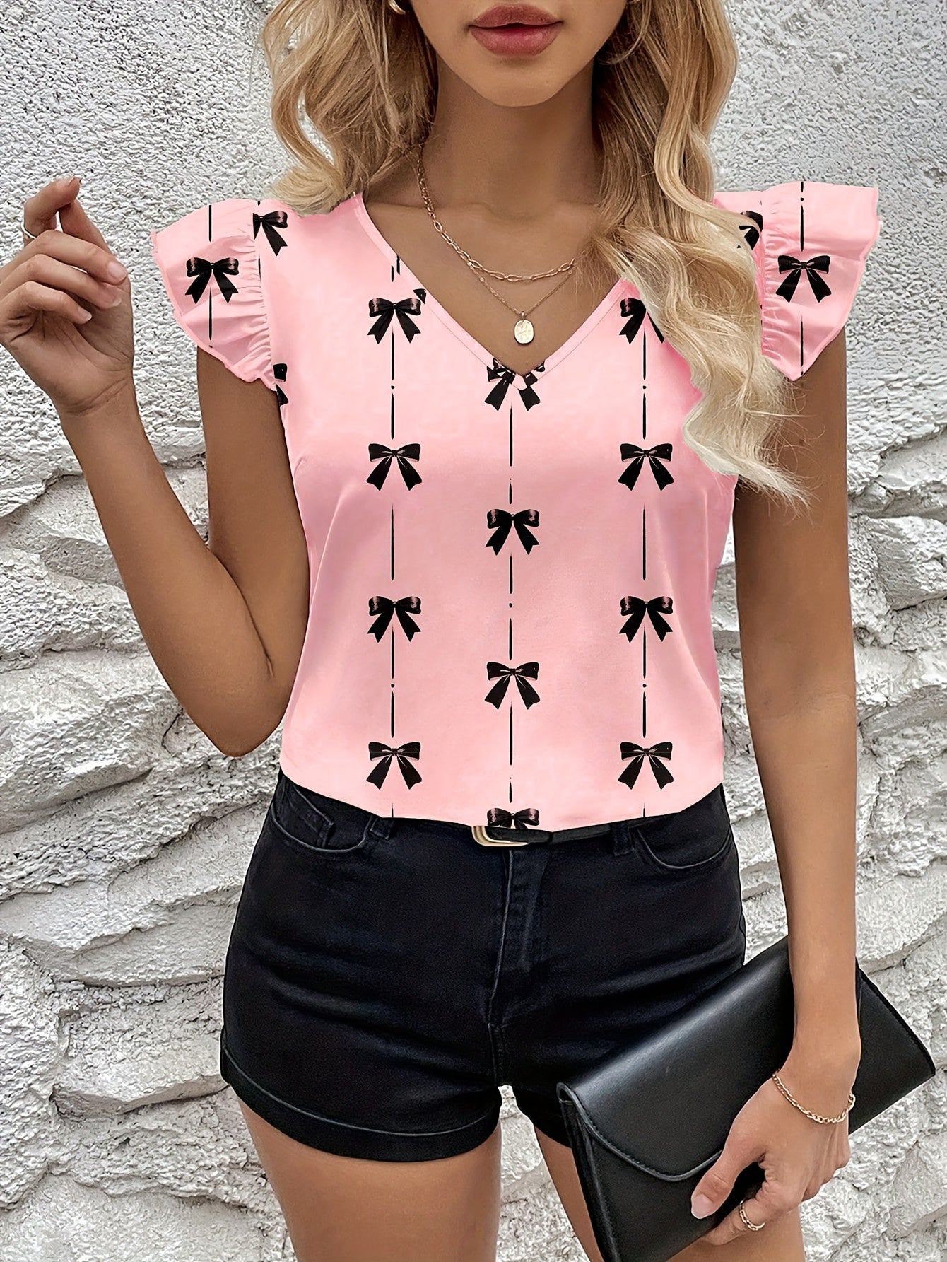 Graceful Women's Bow Print Flutter Sleeve Blouse Short-Sleeve Top