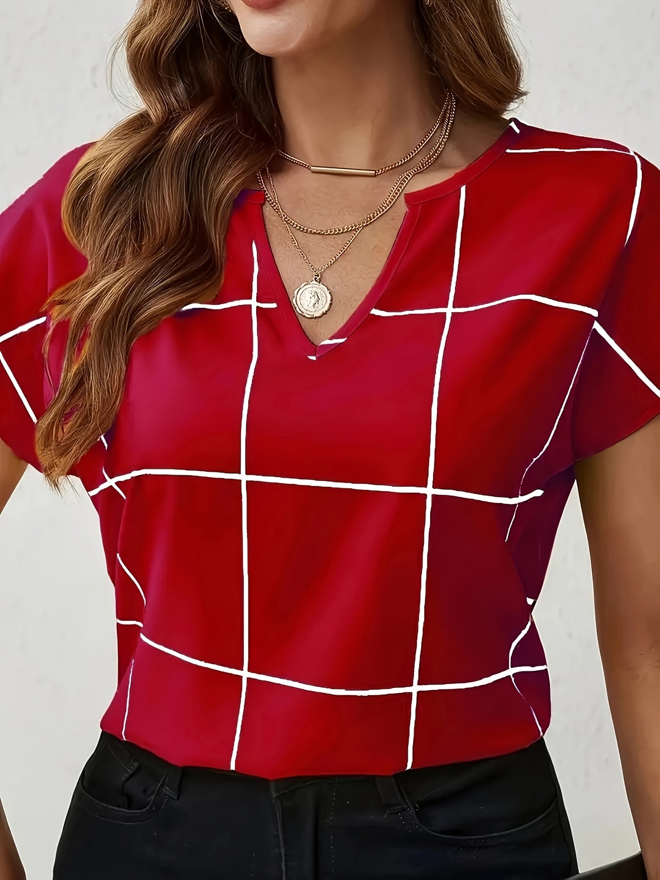 Women's Casual Plaid Print Shirt, V-Neck Short Sleeve Buttonless Blouse, Perfect for Spring and Summer Daily Outings, Vacation, Commuting, Stylish Women's Top, Cute T-Shirt, V-Neck, Summer Wear, Elegant Top, Casual Shirt, Ret