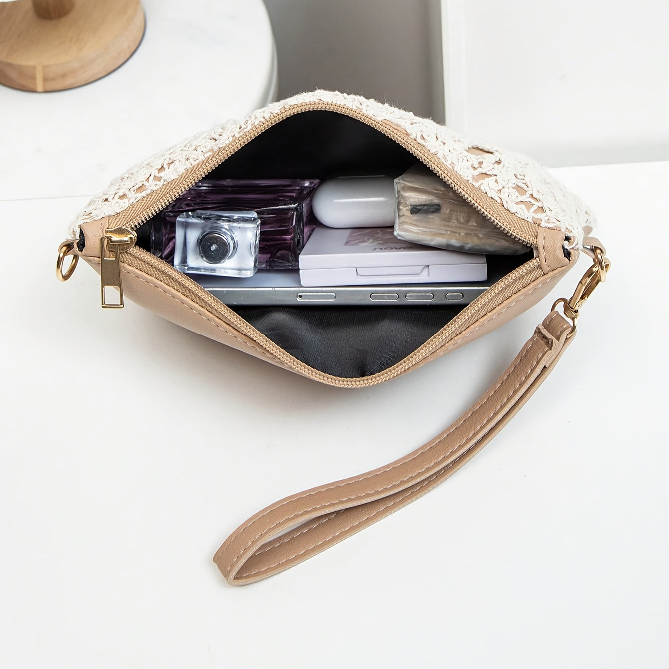 Elegant White Lace Crossbody Bag with Removable Beige Strap - Floral Pattern, Zipper Closure, Polyester Lining, Perfect for Spring & Summer Outfits, Casual or Formal Wear, Ladies Purse