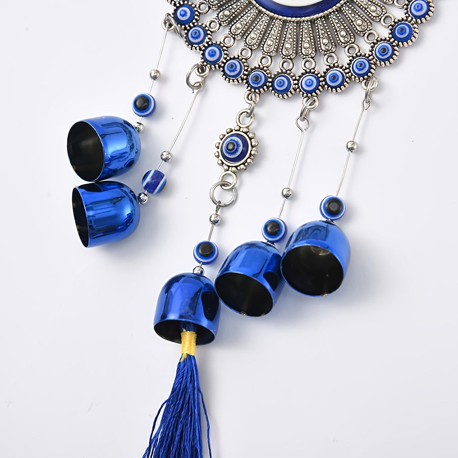 1pc Blue Evil Eye Wind Chime with Tassels – Metal Wall Hanging Decor for Outdoor, Balcony, or Patio – Intricate Design with Bells and Threads in Blue and Yellow, Wind Chimes for Outside