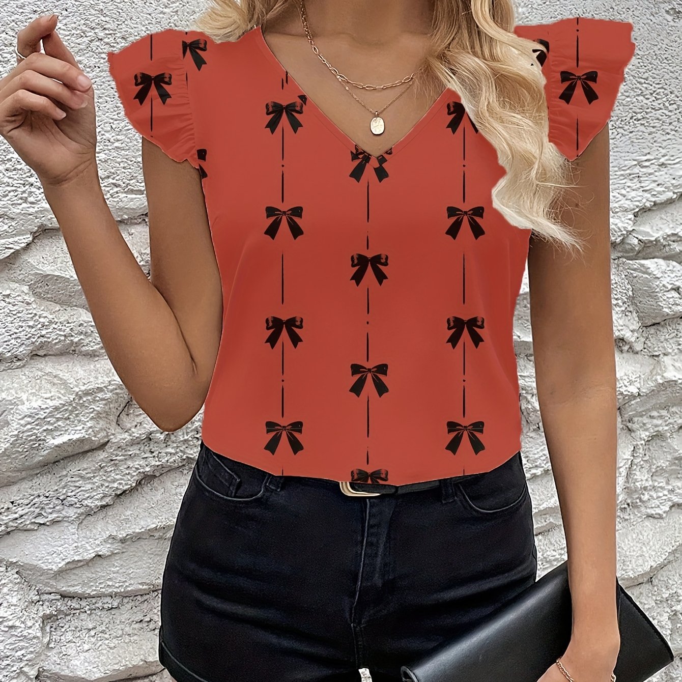 Graceful Women's Bow Print Flutter Sleeve Blouse Short-Sleeve Top