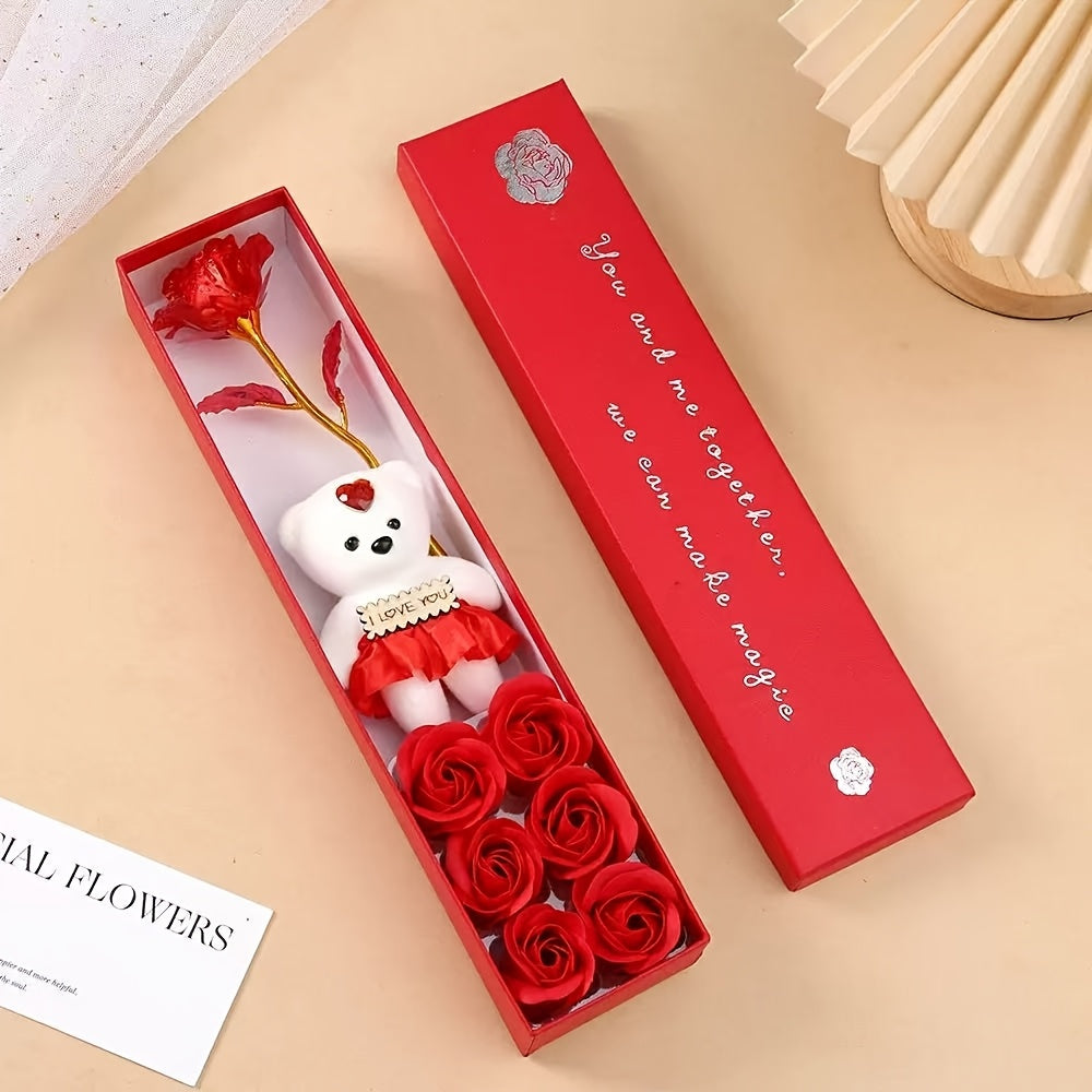 Creative Gift Box with Plush Bear And Artificial Roses - Ideal for Weddings, Birthdays, And Special Occasions, Romantic Gift Box|Playful Design|Durable Plastic Box, Flower Gift Box, Halloween, Christmas