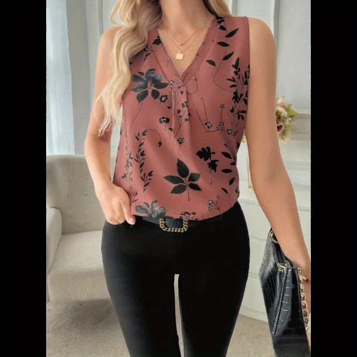 Elegant Women's V-Neck Blouse with Floral Print - Sleeveless, Casual Summer Top, Machine Washable