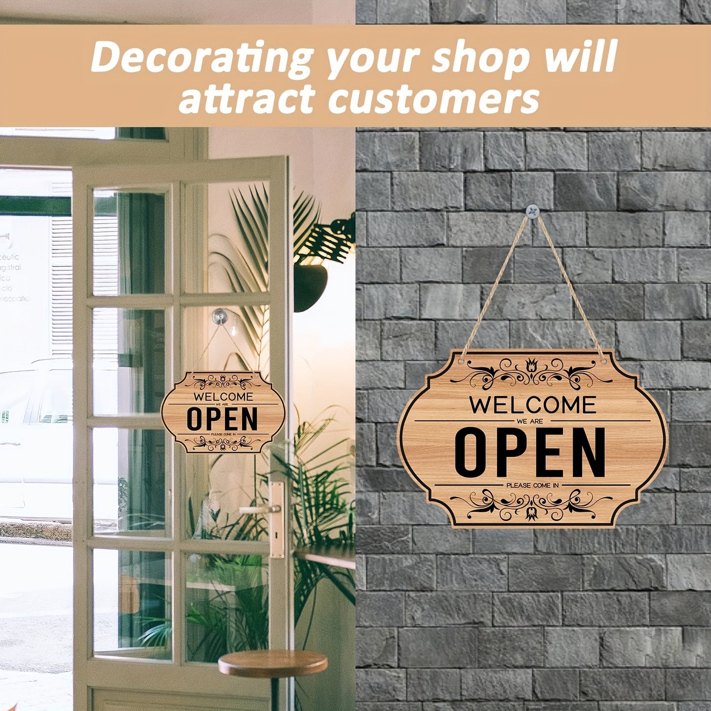 Double-Sided Open/Closed Sign - Durable PVC Business Hours Hanging Sign with Rope, Elegant Scrollwork Design for Shop, Bar, Hotel Wall or Window Display
