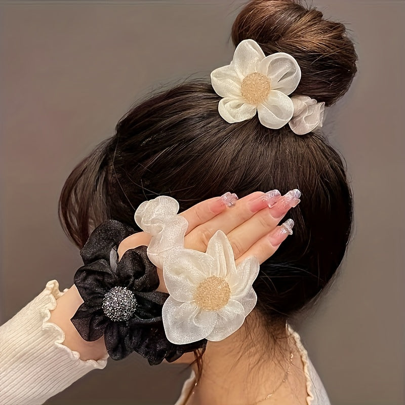 2pcs Elegant Rhinestone Sunflower Hair Scrunchies - Stretchy Mesh Ponytail Holders with Sparkling Crystals, White & Black Floral Design, Versatile Hair Accessories for Women, Perfect Gift for Holidays, Birthdays & Special Occ