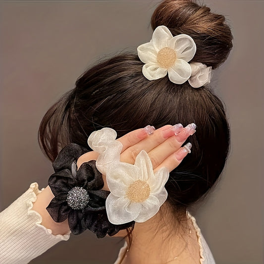 2pcs Elegant Rhinestone Sunflower Hair Scrunchies - Stretchy Mesh Ponytail Holders with Sparkling Crystals, White & Black Floral Design, Versatile Hair Accessories for Women, Perfect Gift for Holidays, Birthdays & Special Occ