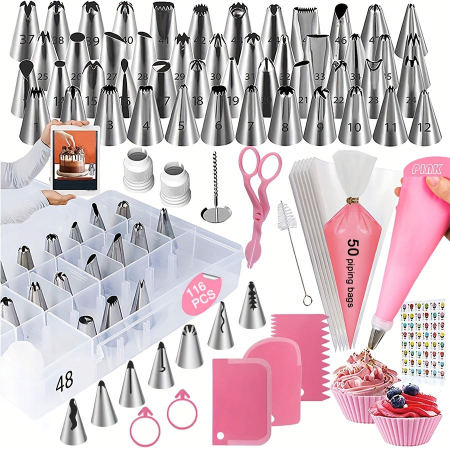 116pcs Cake Decorating Baking Tools Set, Includes Piping Nozzles Pastry Bag Tips Scraper and More Kitchen Gadgets with Storage Box. Buttercream Icing Cheese Bun Dough Pastries DIY for Birthday Parties Family Reunions Holiday