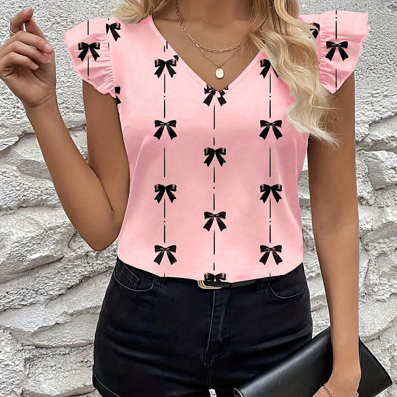 Graceful Women's Bow Print Flutter Sleeve Blouse Short-Sleeve Top