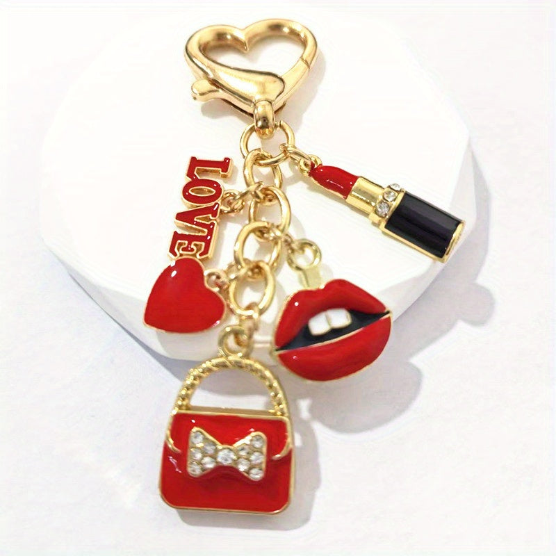 Valentine's Day Gift for Her - Retro Rhinestone-Embellished LOVE Letter & Heart Charm Keychain with Red Lips, Golden-Tone Alloy Purse Accessory for Keys or Bags, Stylish Key Organizer, Bold Lip Design, Rhinestone Embellishmen