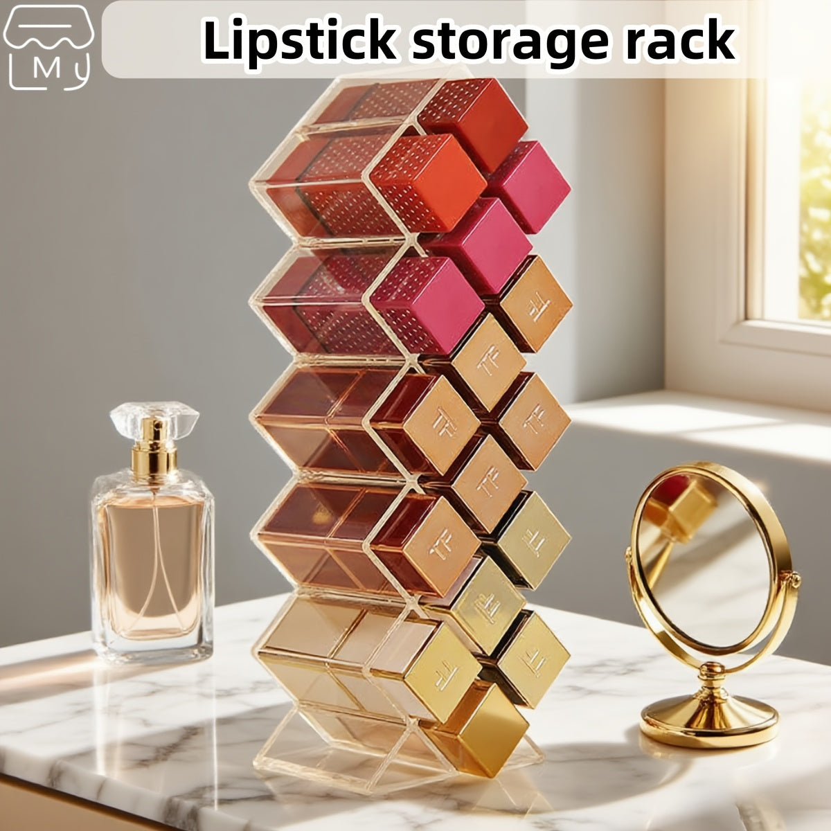 16-Compartment Transparent Lipstick Organizer - Durable Plastic Makeup Storage Box for Vanity or Bathroom Counter, Lightweight & Portable, No Power Needed, Vanity Accessories
