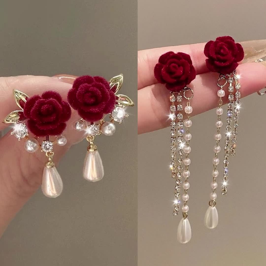 Luxury Floral Stud Earrings with Faux & Rhinestone Tassels, Copper Base & 925 Sterling Silver Posts