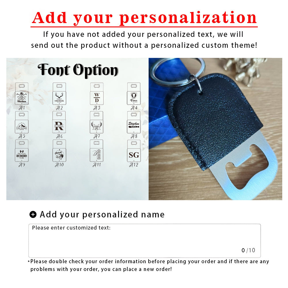 Personalized Bottle Opener Keychain - Custom Logo/Text, Heavy-Duty Synthetic Faux Leather Keyring with Opening Mechanism, Elegant Bottle Opener for Men, Dad, Groomsmen - Birthday, Wedding, Anniversary Gifts - No Electricity N