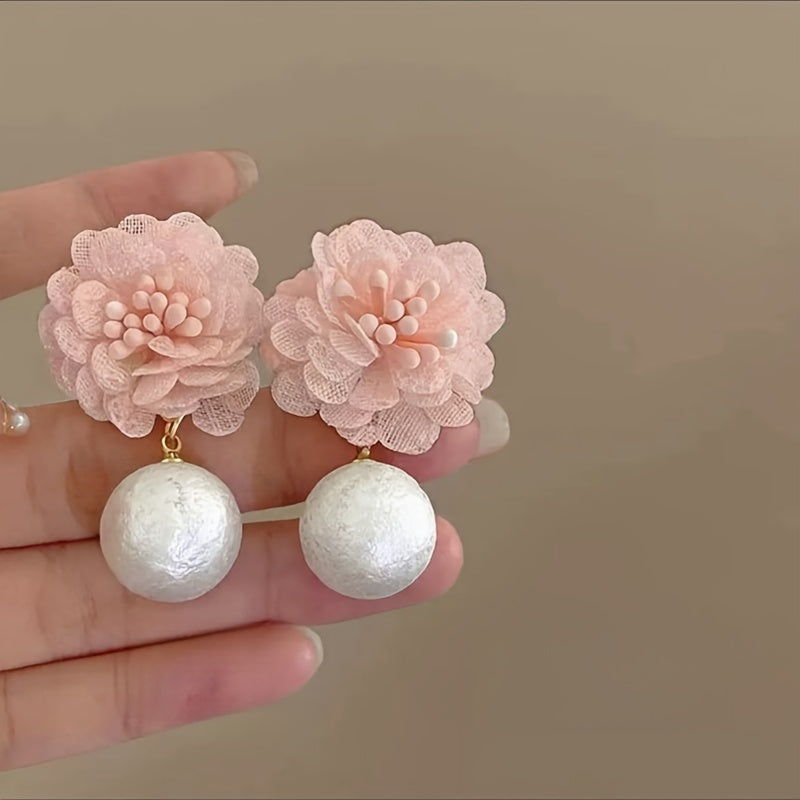 French Fabric Flower Drop Earrings with Imitation Pearl