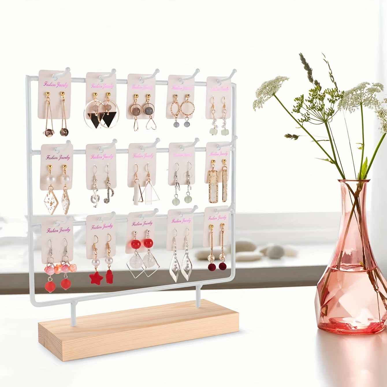 1pc Elegant Wooden Earring Display Stand with Metal Frame - Rectangular, Lacquered Finish, Perfect for Selling or Organizing Jewelry, Jewelry Display | Modern Earring Rack | Durable Jewelry Stand, Jewelry Display Rack, Jewelr