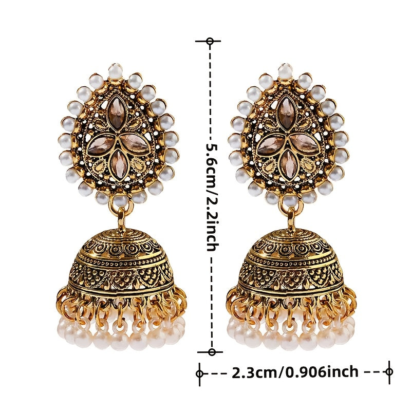 Bohemian Ethnic Golden-Tone Earrings with Imitation Pearl Accents & Synthetic Stones
