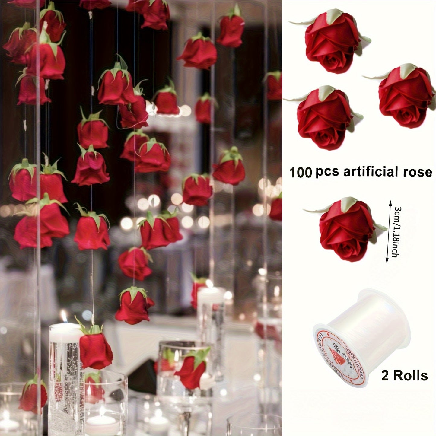 102pcs Red Rose Waterfall Set, Including 100 Artificial Roses and 2 Rolls of Transparent Rope, Valentine's Day Wedding Party Bridal Shower Birthday Room Decoration Supplies, Wedding Decor, Event Styling, Elegant Decor, Romant