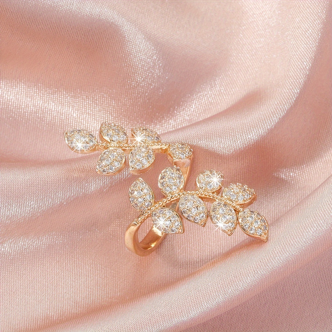 Adjustable Ladies' Ring With Trendy Copper Inlaid With Zirconia, Featuring Tree Leaves And Wheat Spikes