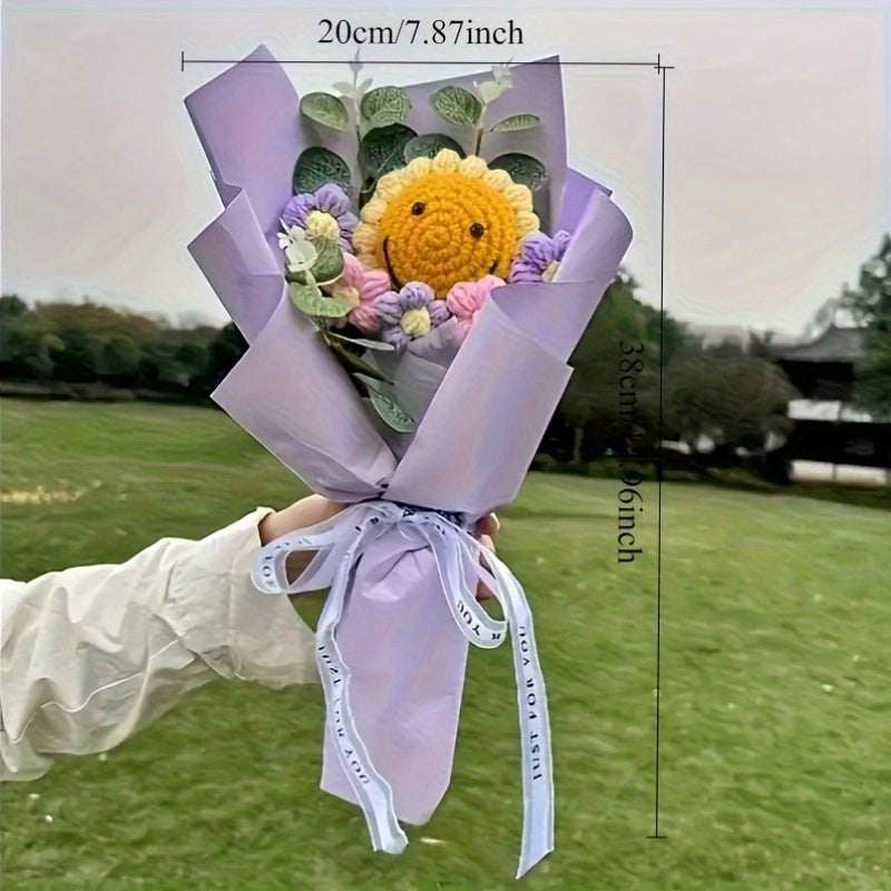 Realistic Knit Sunflower Bouquet with Smiling Face - No Electricity Needed, Durable Polyester Floral Arrangement for Home Decor, Birthday & Thanksgiving Gifts, Office & Party Centerpieces, Handmade Aesthetic Tabletop Decor, S