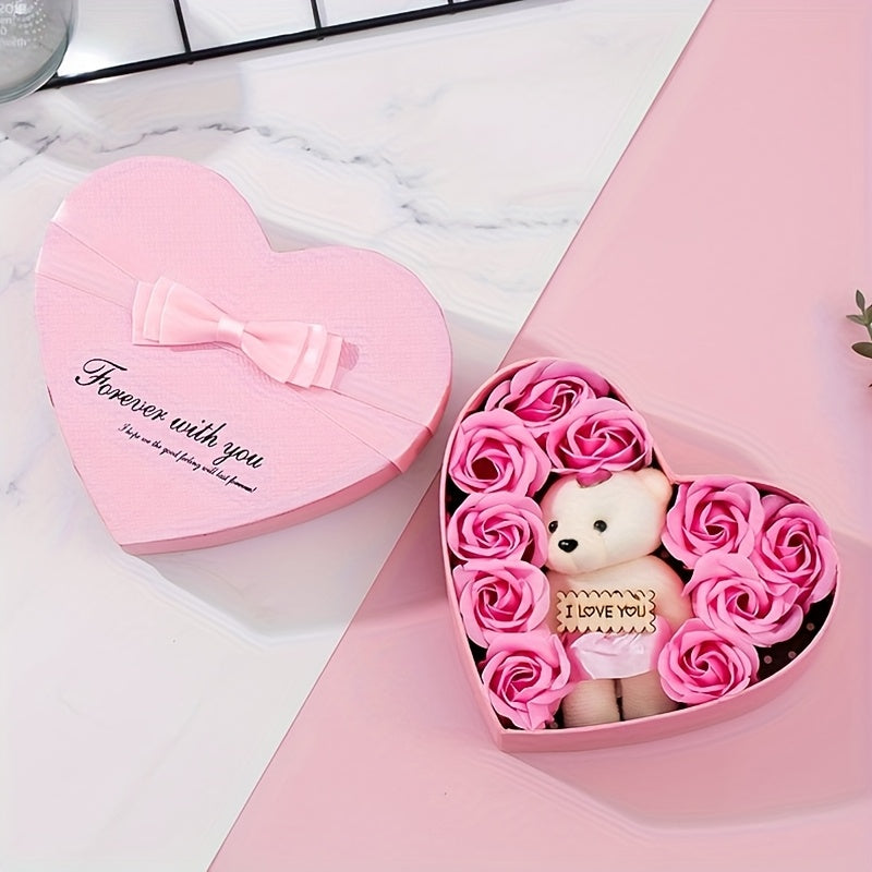 10pcs Romantic Rose Soap Gift Set with Teddy Bear - Heart-Shaped Plastic Box for Wedding, Bridal Shower, Birthday, Anniversary, Christmas, Thanksgiving, Valentine's Day, Mother's Day, Graduation - No Electricity Needed, Feath