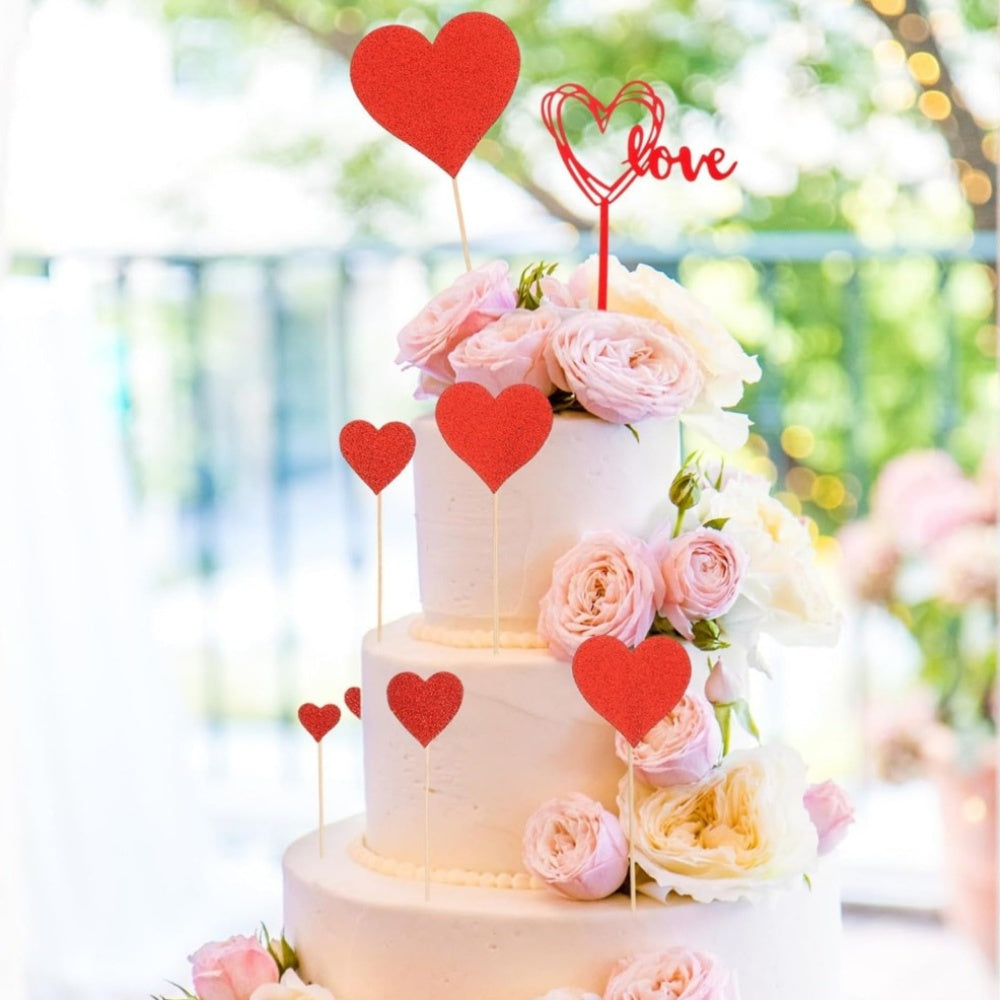 10pcs Red Love Heart Cake Topper Picks – Plastic Cupcake Flags with "LOVE" Design for Birthdays, Weddings, Anniversaries, Graduations, Mother'S Day – Festive Dessert Decorations for Party Celebrations, Cupcake Accessories