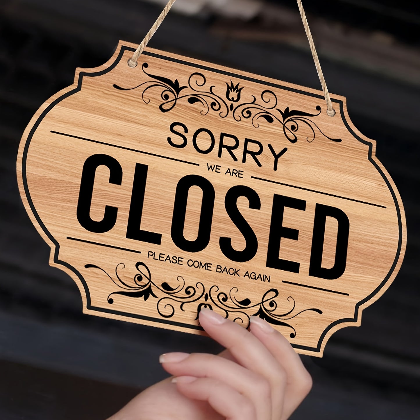 Double-Sided Open/Closed Sign - Durable PVC Business Hours Hanging Sign with Rope, Elegant Scrollwork Design for Shop, Bar, Hotel Wall or Window Display