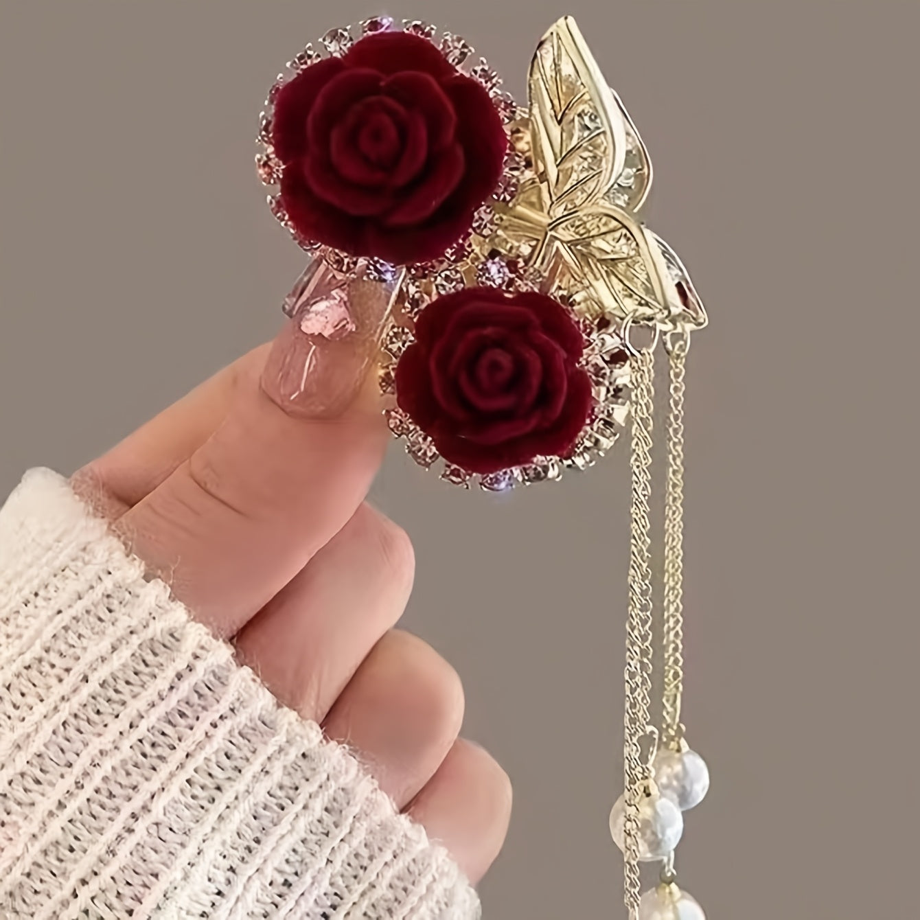 1pc Elegant Red Rose Tassel Claw Clip for Women - Sparkling Rhinestone Hair Accessory with Golden Accents, Perfect Gift for Special Occasions, Hair Accessories for