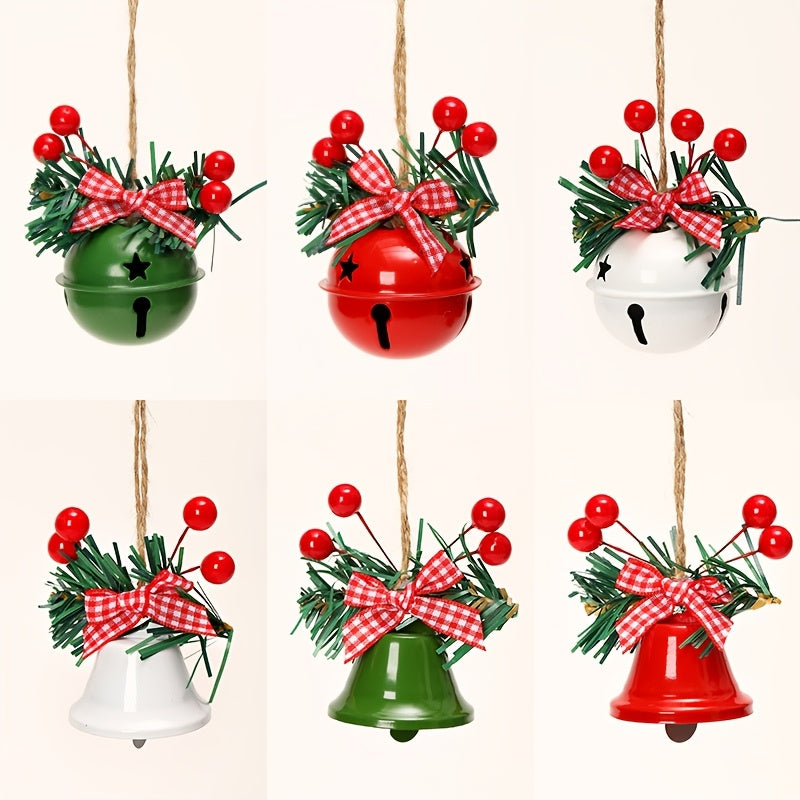 1 Set Christmas Jingle Bell Ornaments, Metal Hanging Decorations with Red Berries and Plaid Bows, Holiday Tree and Wreath Accents, No Electricity Required, Festive Wall and Door Decor