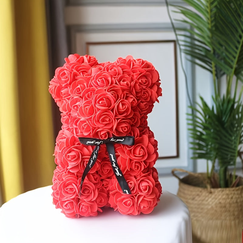 1pc Extra Large Floral teddy bear - with Burgundy/Red Roses, Elegant gift for Valentine's Day, Mother's Day, Wedding, Birthday, Anniversary - Long-Lasting Artificial Flower Bouquet Centerpiece - No Maintenance Required - Perf