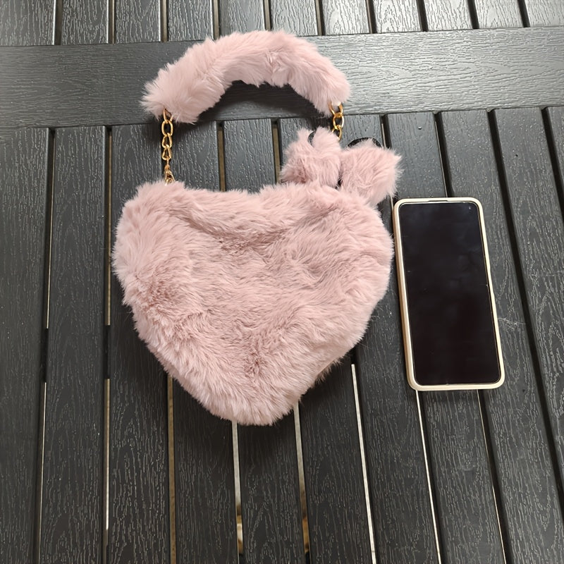 1pc Cozy Heart-Shaped Faux Fur Crossbody Bag, Polyester Plush Love Purse with Chain Shoulder Strap, Soft Pink/White/Black Fashion Handbag, Ideal for Christmas & Valentine'S Day Gifts