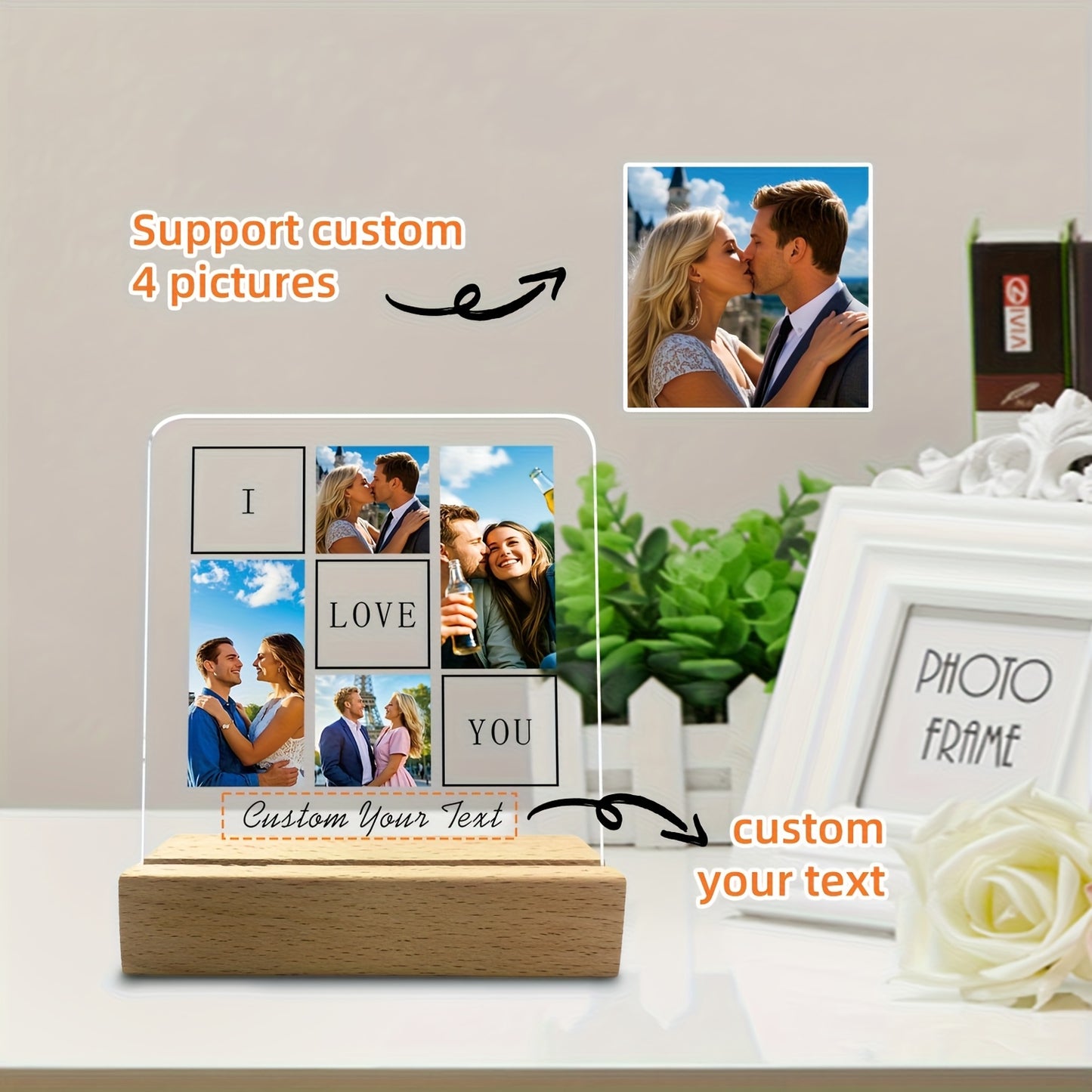 2D Flat, 2D Flat Custom Crystal Plaque - 1 Piece with 4 Photos & Text, Bohemian-Style Desktop Decoration Stand for Anniversaries/Birthdays (Mother's Day or Valentine’s) – Unisex Gift Idea + Wedding Halloween Christmas Dé