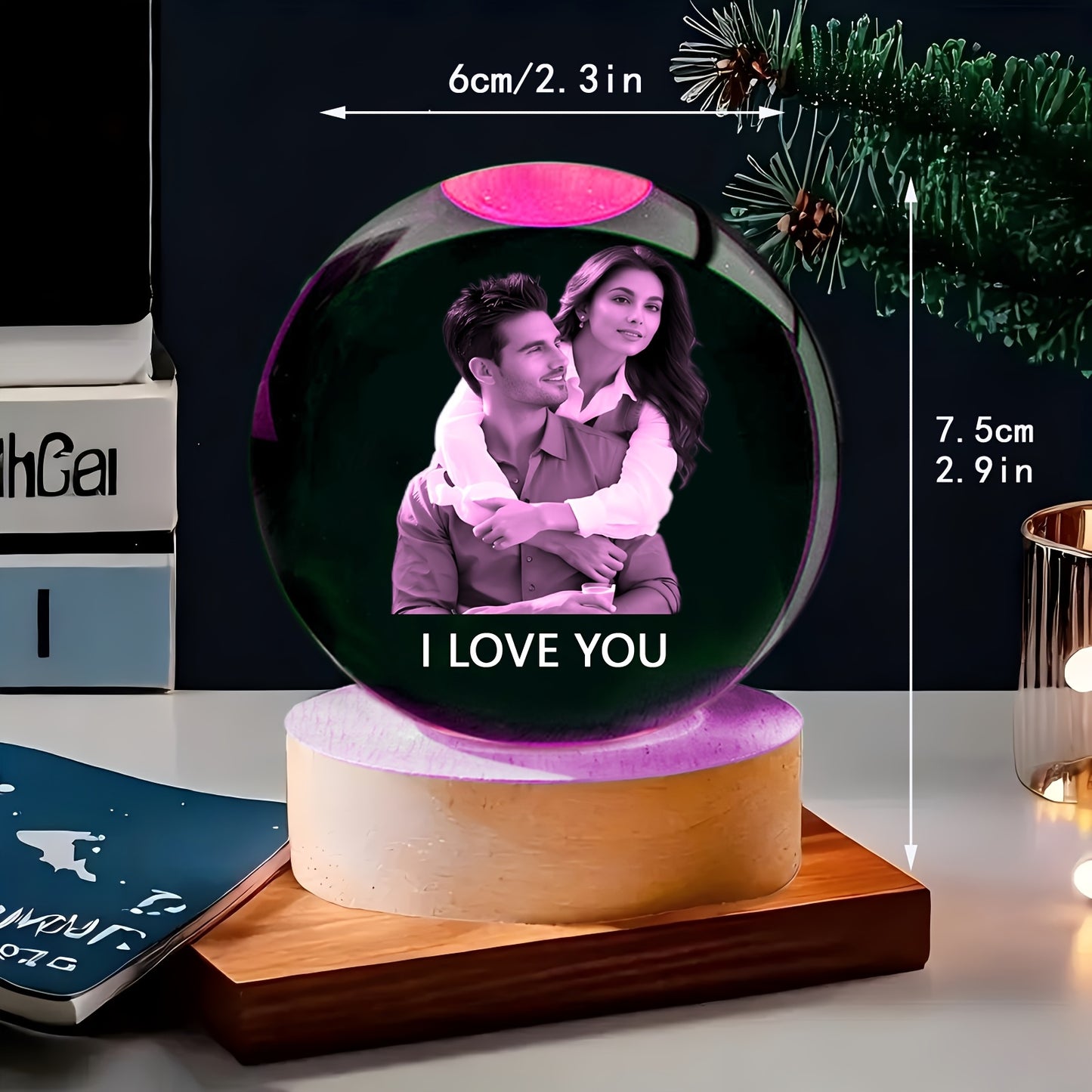 Customizable Crystal Ball with Wooden Base - Personalized Photo Glass Sphere for Bedroom, Living Room Decor - Ideal Gift for Birthdays, Valentine'S Day, Thanksgiving, Christmas - DIY Engraved Option, USB Powered, No Battery N