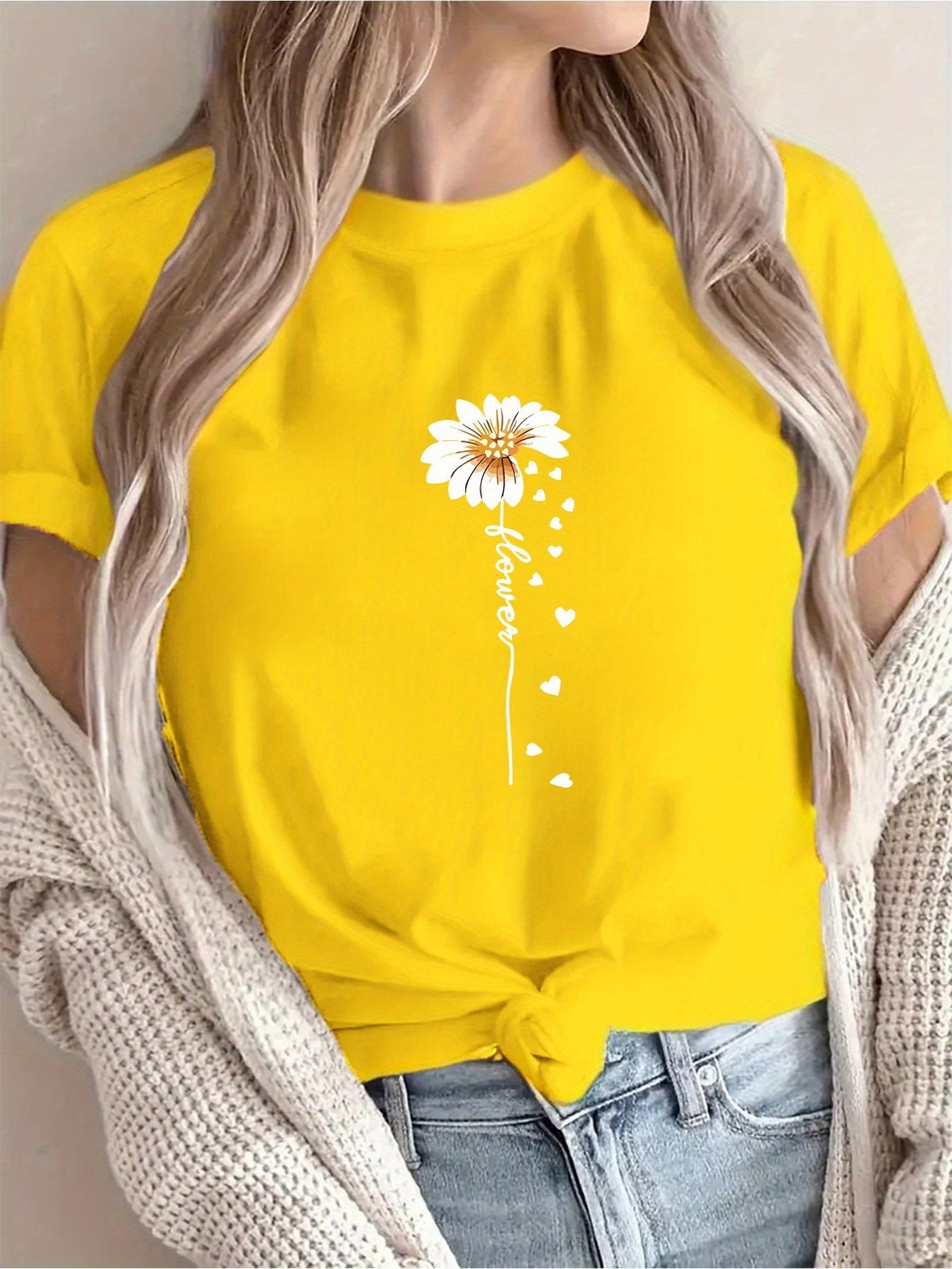 Women'S Floral Print T-Shirt - Casual & Vacation Style, Short Sleeve Crew Neck, Spring/Summer Collection, Machine Washable, Slim Fit with Vibrant Flower Design, Lightweight Polyester Blend, Perfect for Casual Attire, Casual S