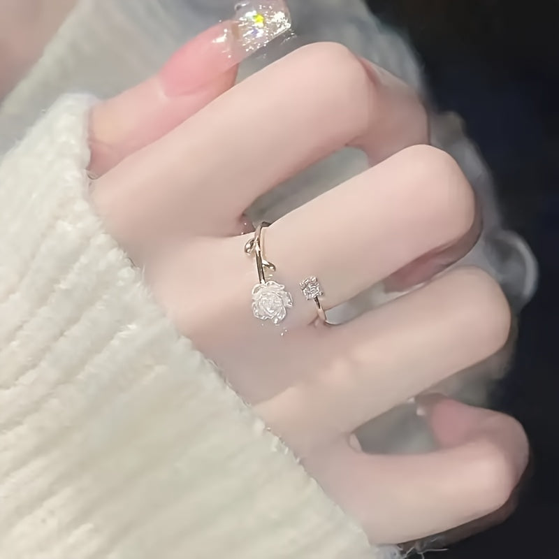 Adjustable Elegant Rose Wrap Ring with Shining Rhinestones