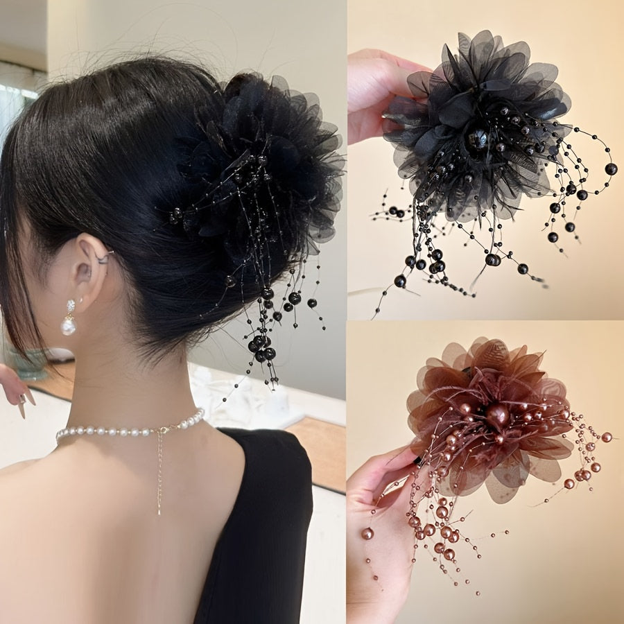 Feather beaded tassel flower hair clip, fluffy peony flower grappling clip for increased hair volume, shark clip for elegant hair flower accessory