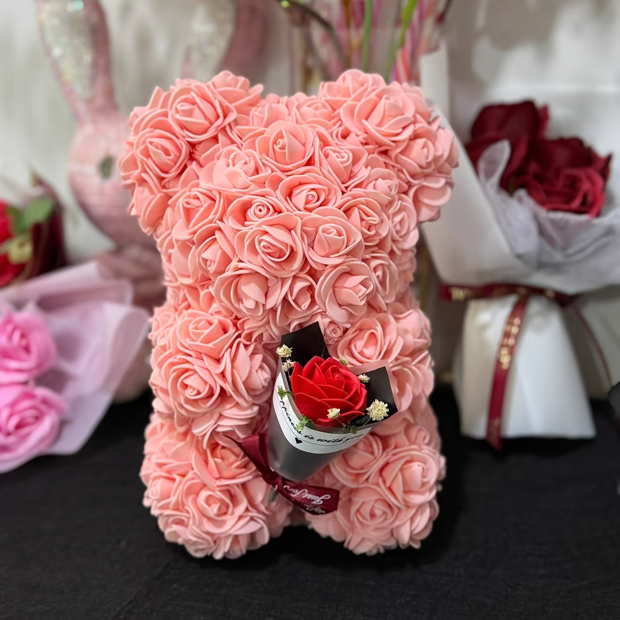 1pc Extra Large Floral teddy bear - with Burgundy/Red Roses, Elegant gift for Valentine's Day, Mother's Day, Wedding, Birthday, Anniversary - Long-Lasting Artificial Flower Bouquet Centerpiece - No Maintenance Required - Perf