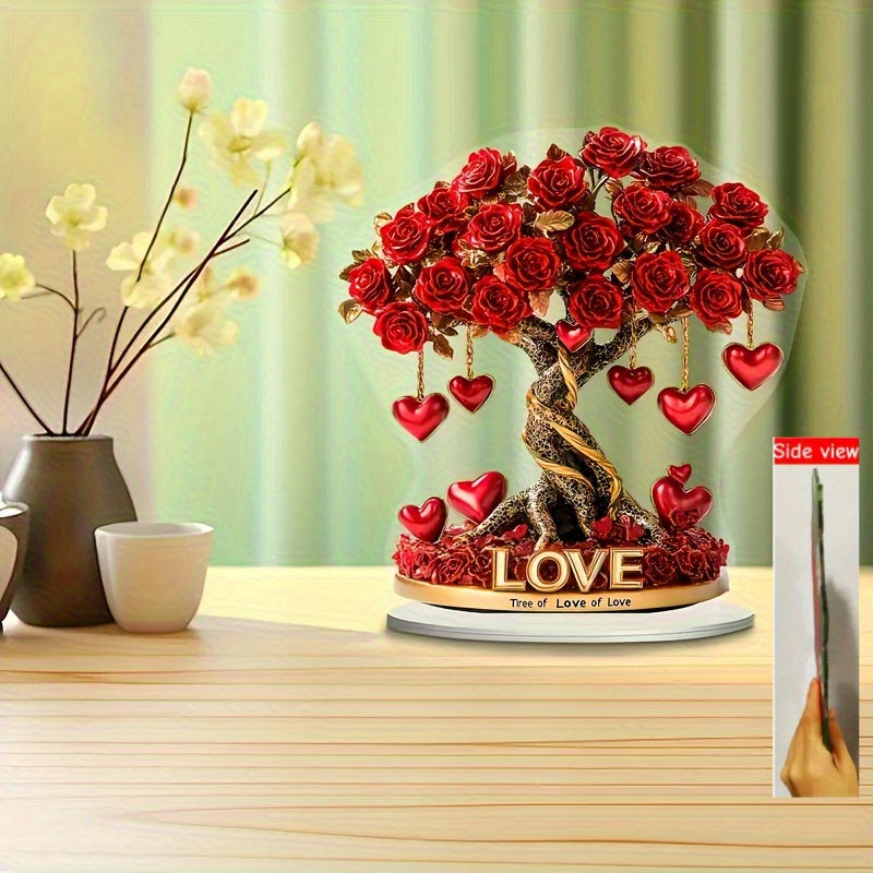 2D Flat, 1pc Bohemian Acrylic 2D Crystal Heart Rose Tree Decoration with Golden Base & Red Roses - "Tree of Love" English Inscription, No Batteries Needed, 2D Flat, Christmas Decor