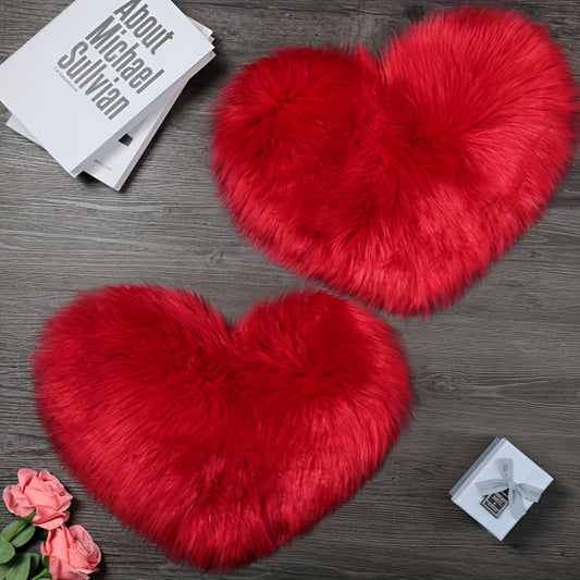 2pcs Black Plush Heart-Shaped Mat Ornaments - Soft Faux Artificial Wool, Machine Washable, Decorative Floor Mats for Bedroom, Living Room & Dressing Table, Perfect Christmas Gift with Elegant Floral Accents, Bedroom Decor | P