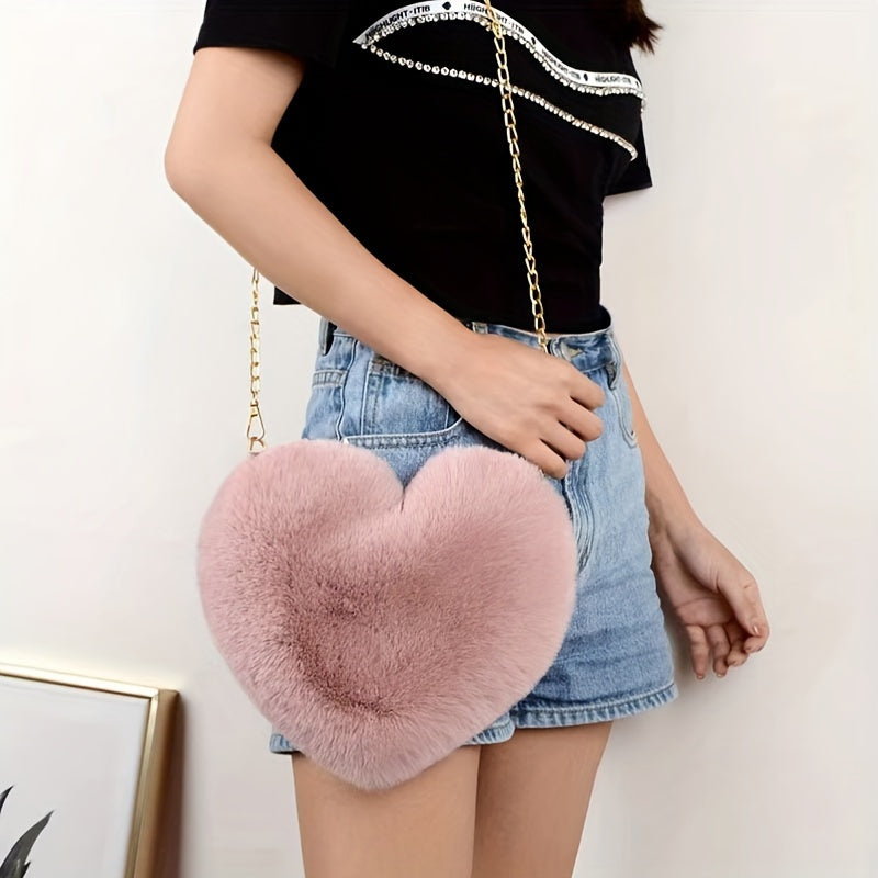 Chic Heart-Shaped Plush Crossbody Bag - Fashionable Zippered Shoulder Purse