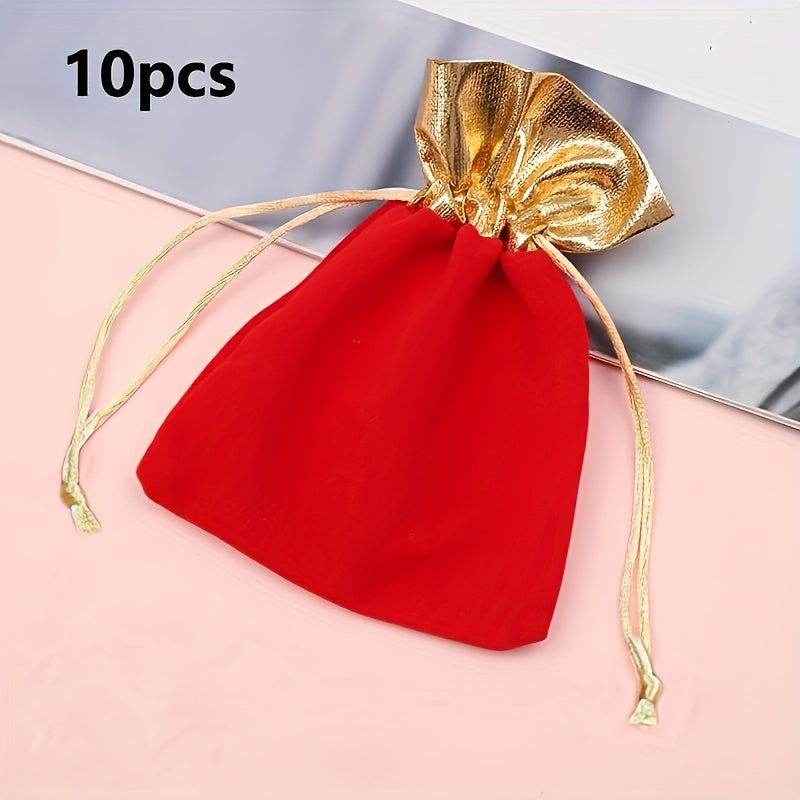 Red Velvet Drawstring Bag with Golden Accents - Elegant Wedding Party Gift, Candy Bag, Jewelry Pouch for Weddings, Birthdays and Special Occasions, Special Event Bag | Luxury Gift Bag | Fashionable Golden Details, Gift Giving