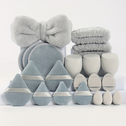 A Set of 21 Hair Accessories, Including 1 Butterfly Headband, 2 Wristbands, 6 Powder Puffs, 3 Makeup Sponges, 3 Finger Cushions, 3 Makeup Remover Pads, And 3 Mini Beauty Sponges.