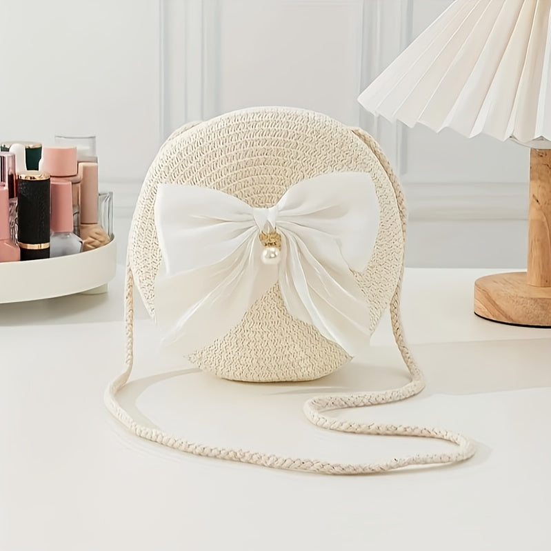 Elegant Coffee-Colored Round Woven Crossbody Bag with Pearl Bow Detail